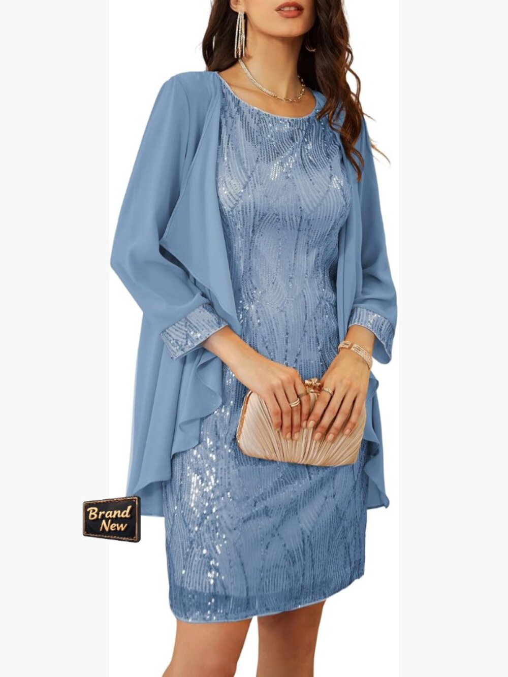 Sequin Bodycon Wedding Guest Dress with 3/4 Sleeve Jacket, Knee Length
